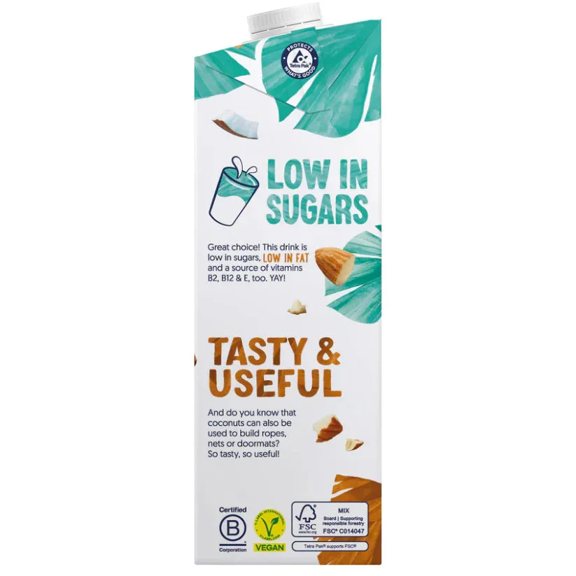 Carton of vegan coconut drink, labeled 'low in sugars' and 'tasty & useful', from iPlantBased.