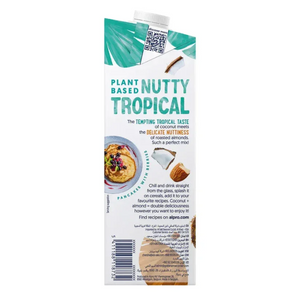 Carton of plant-based nutty tropical almond coconut drink, iPlantBased UAE, with recipe details.
