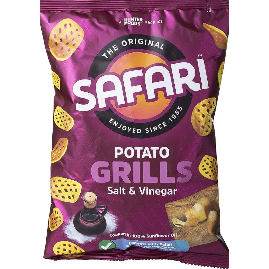 Safari Potato Grills Salt & Vinegar snack chips in purple bag, UAE plant-based food store
