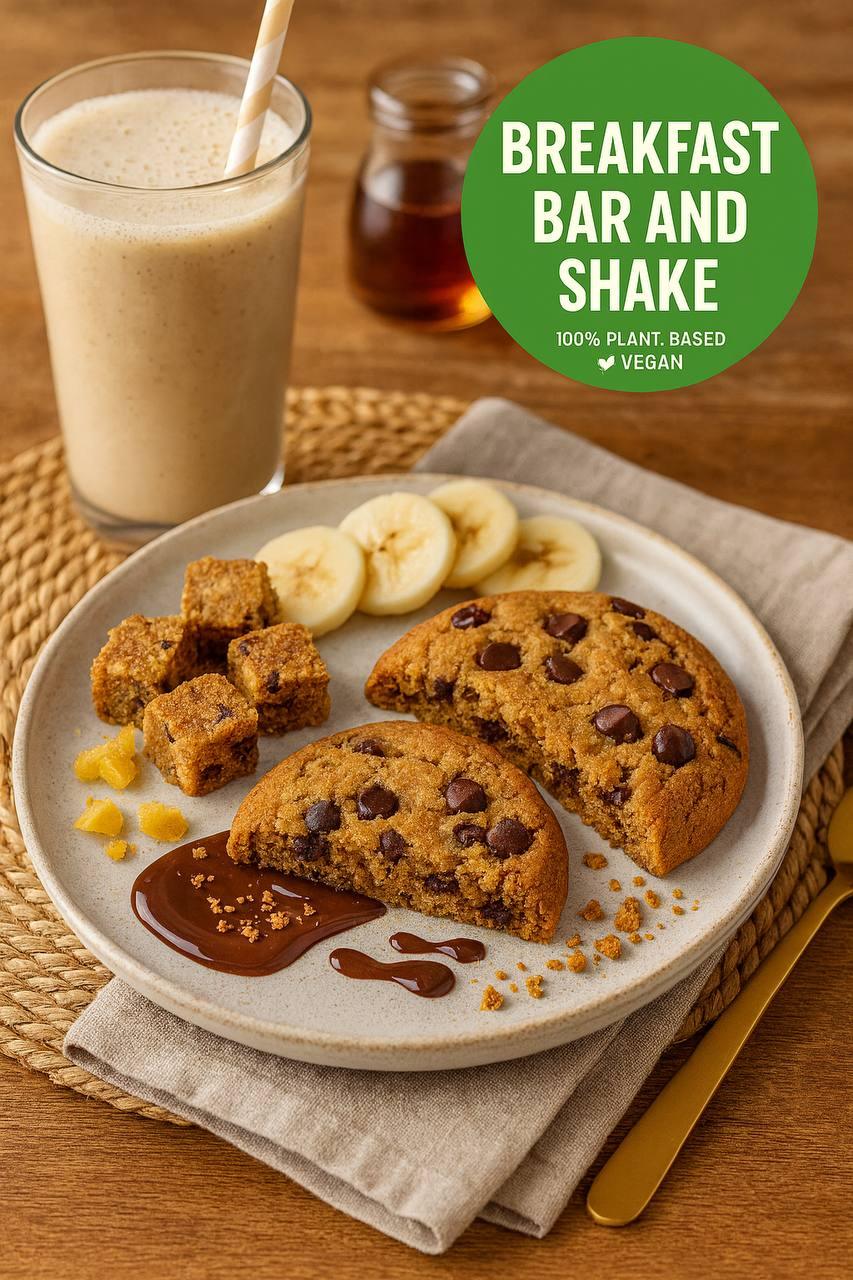 Plant-based breakfast bar, chocolate chip cookie, banana slices, and vegan shake on table
