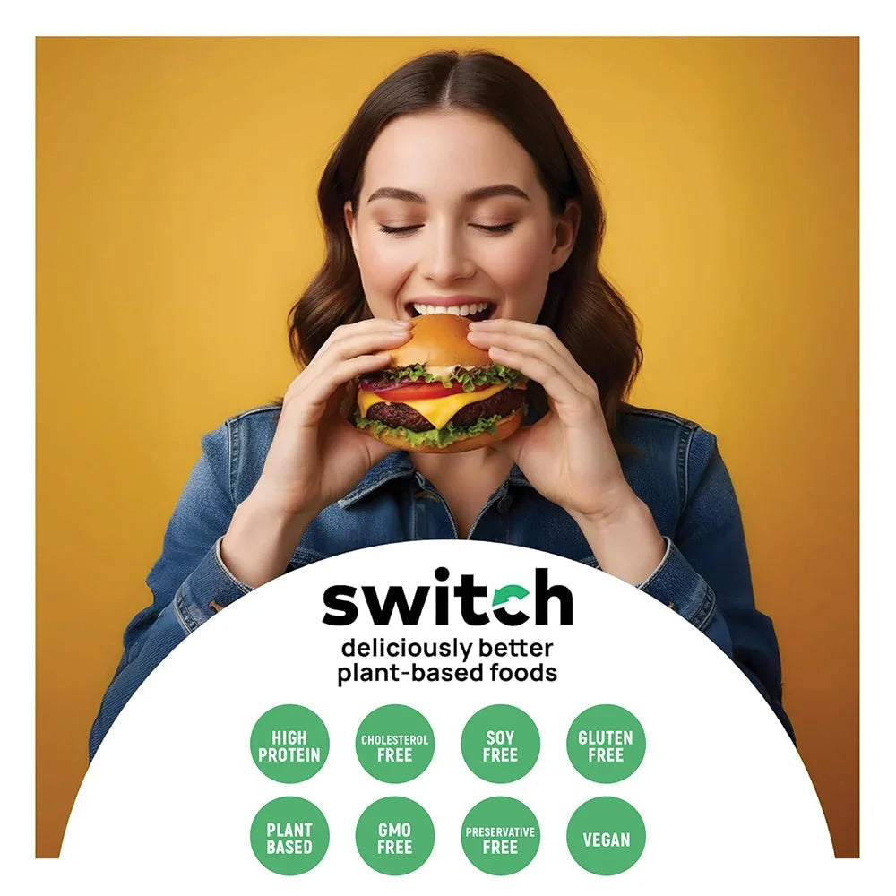 Switch Vegan Burger Patties, 100% Plant-Based, GMO-Free, Cholesterol-Free, Soy-Free, Gluten-Free Halal - 460g
