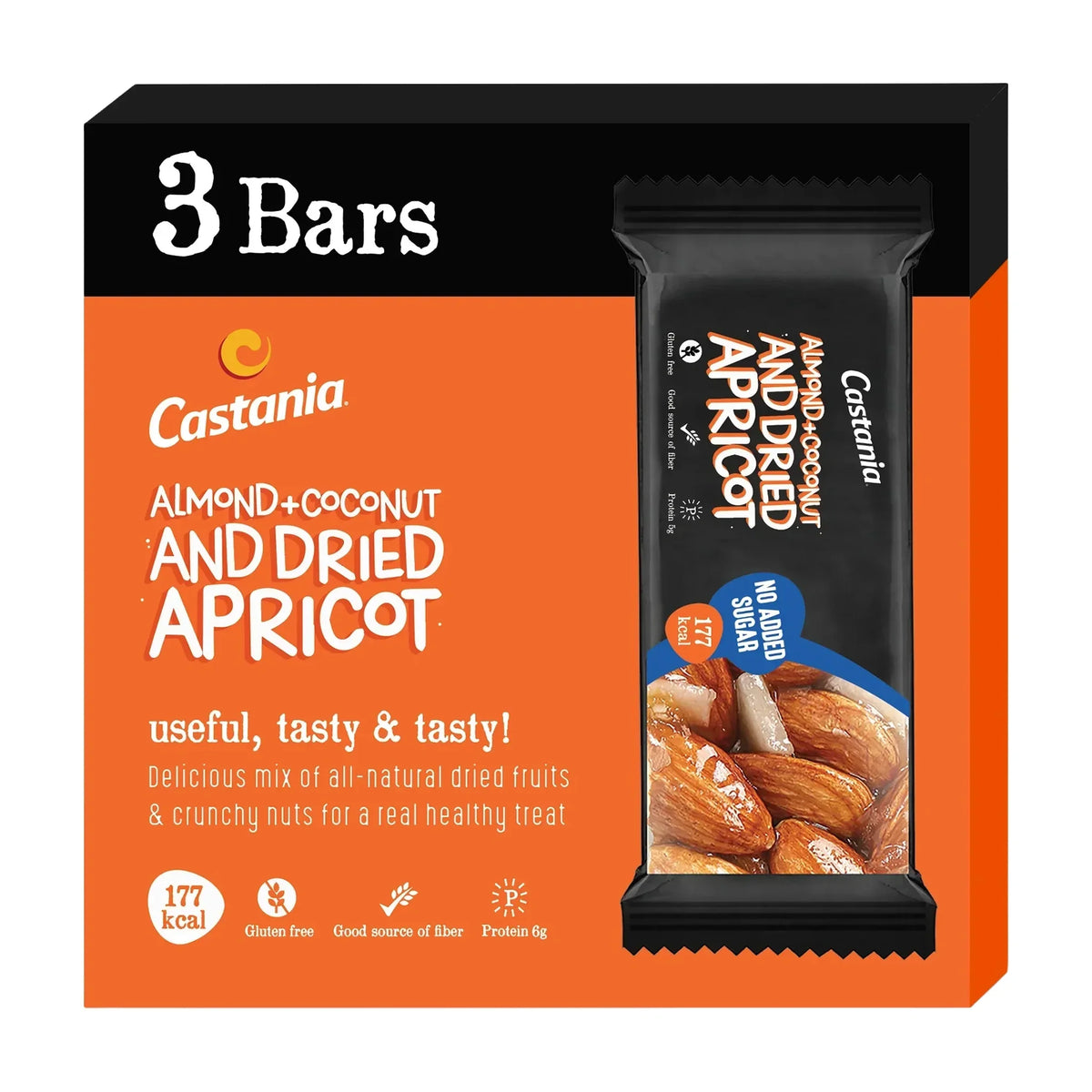 Castania almond coconut bar 38g tripack front packaging