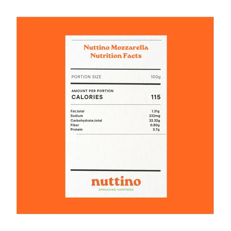 Nuttino Cashew Mozzarella nutrition facts label with calories, protein, and ingredients on orange background.