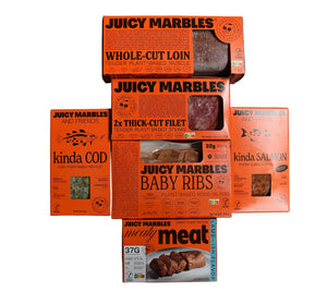 Juicy Marbles Signature Plant-Based Vegan (6 Assortment) Whole Cut Filet, Thick Cut Loin, Baby Ribs, Lamb Ish, Kinda Cod & Ki