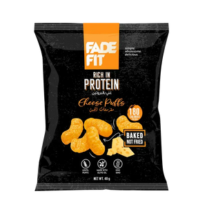 Fade Fit Cheese Puffs snack bag, rich in protein, baked, non-GMO, plant-based, 40g