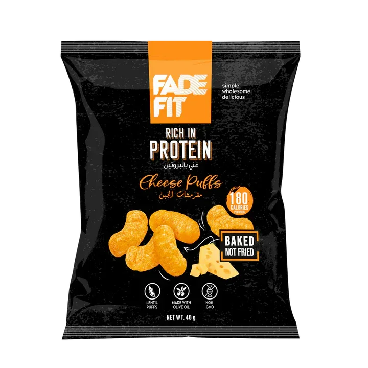 Fade Fit Cheese Puffs snack bag, rich in protein, baked, non-GMO, plant-based, 40g