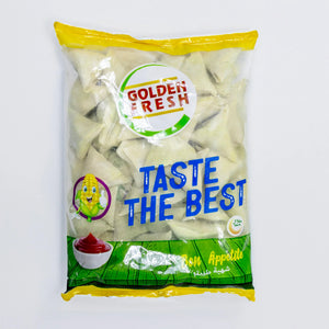 Golden Fresh frozen samosas in clear bag, plant-based snack from iPlantBased UAE
