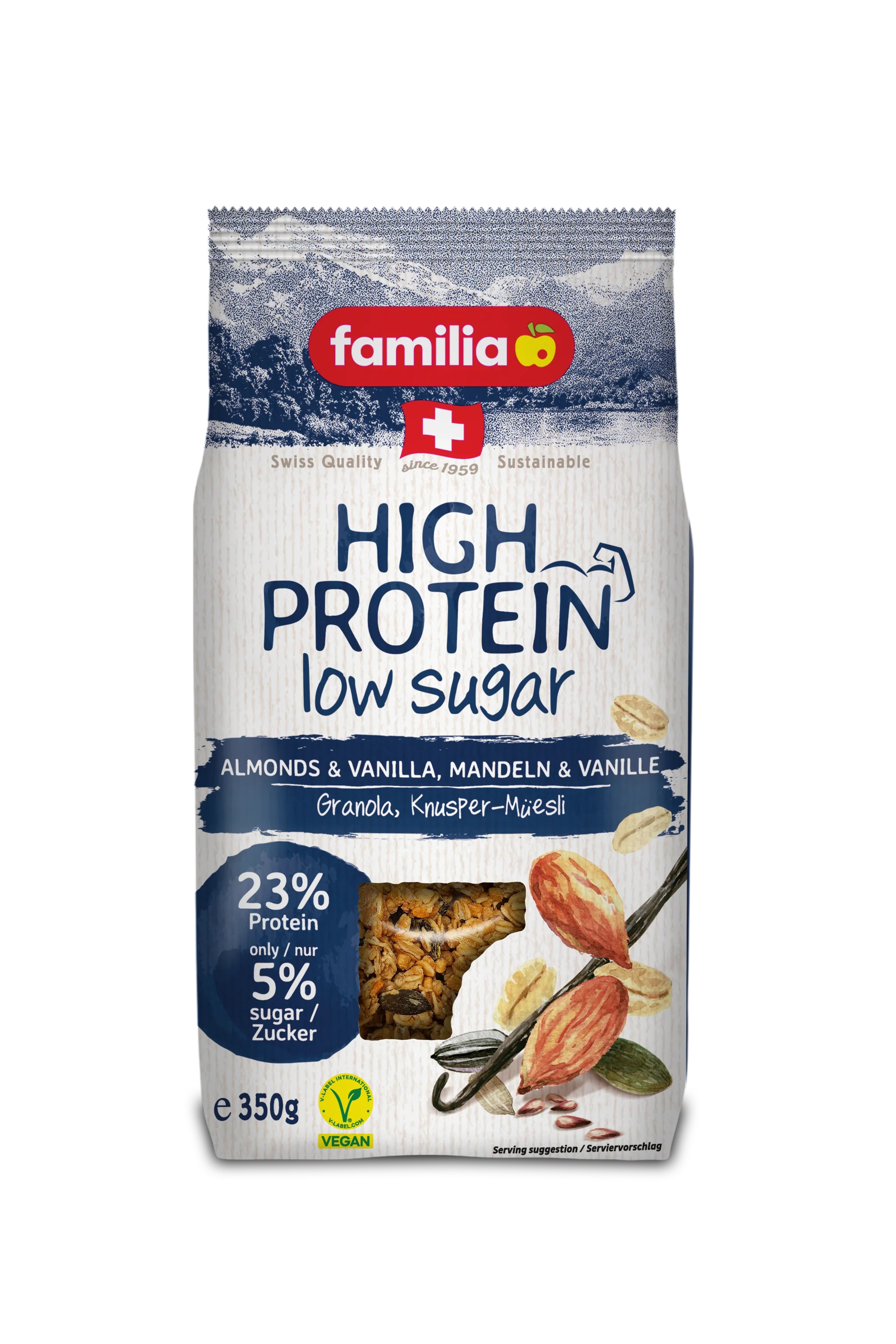 Familia High Protein, Almonds & Vanilla, Low Sugar, 23% Protein, Vegan 350gm