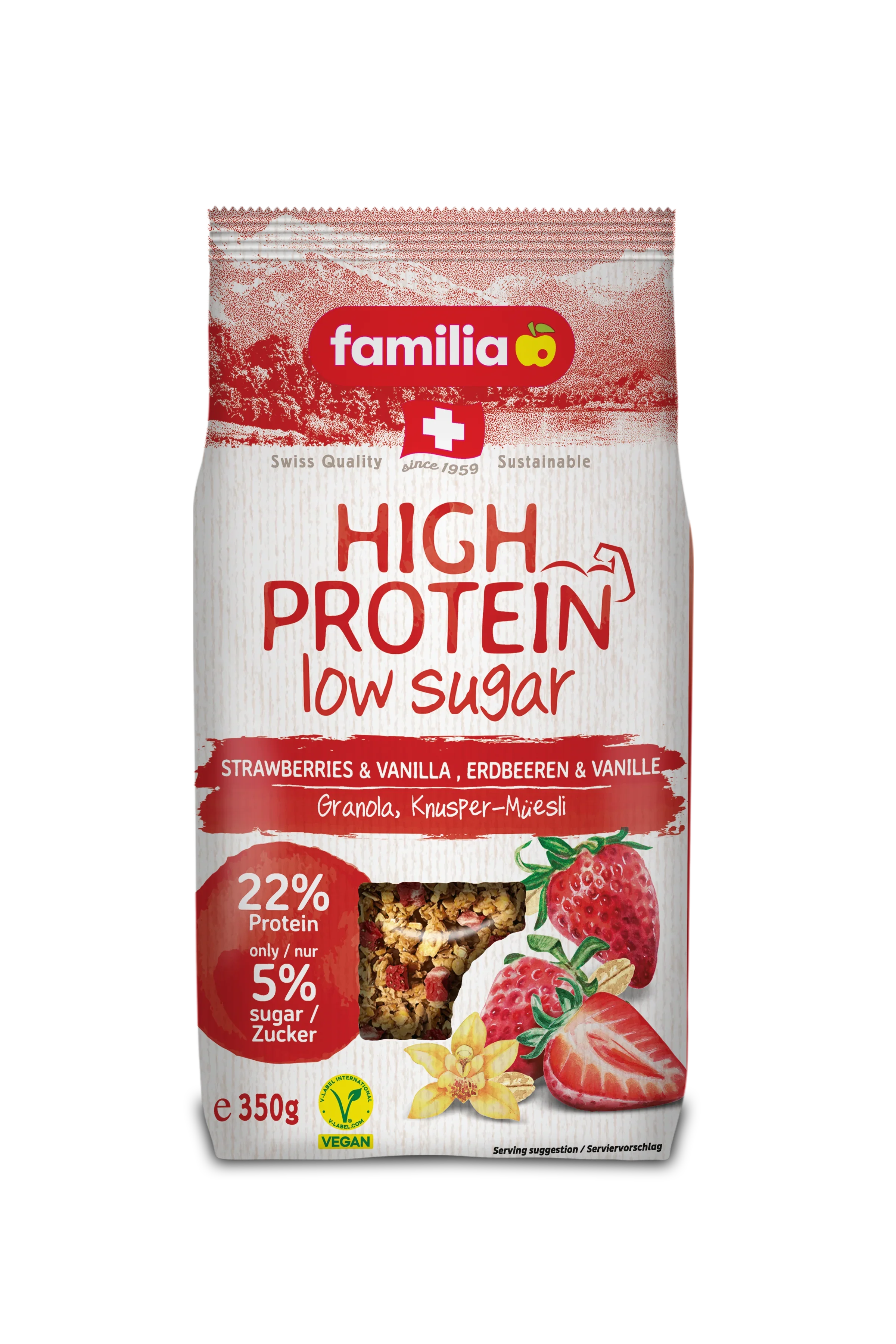 Familia High Protein, Strawberries & Vanilla, Low Sugar, 22% Protein, Vegan 350gm