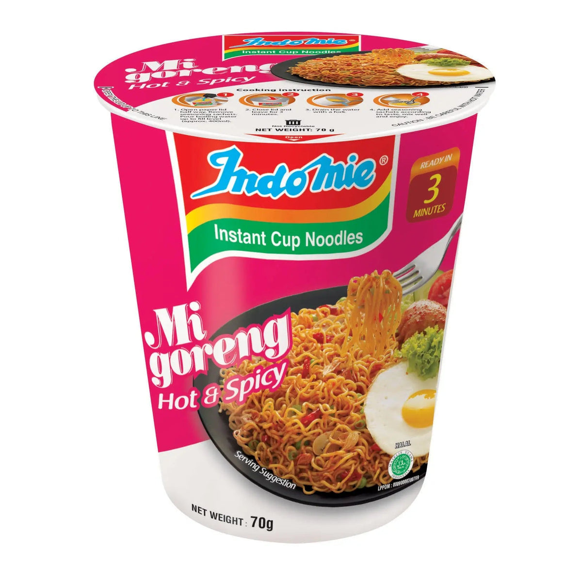Indomie Instant Cup Fried Noodles, Hot & Spicy with Seasoning Powder and Sauce  -70 g