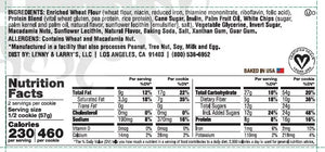 Nutrition facts and ingredient label for Lenny & Larry's plant-based cookie featuring enriched wheat flour, plant protein blend, and macadamia nuts, from iPlantBased UAE.