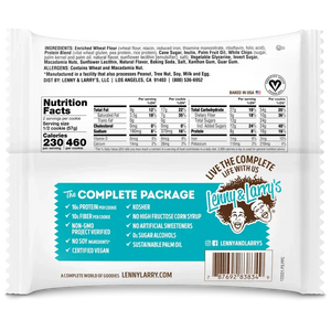Back of Lenny & Larry's vegan protein cookie package showing nutrition facts, ingredients, and certifications.