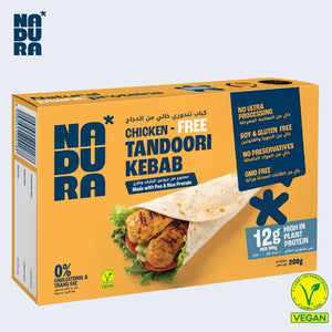 Nadura Chicken-Free Tandoori Kebab vegan frozen kebabs in yellow box, plant-based pea rice protein, iPlantBased UAE