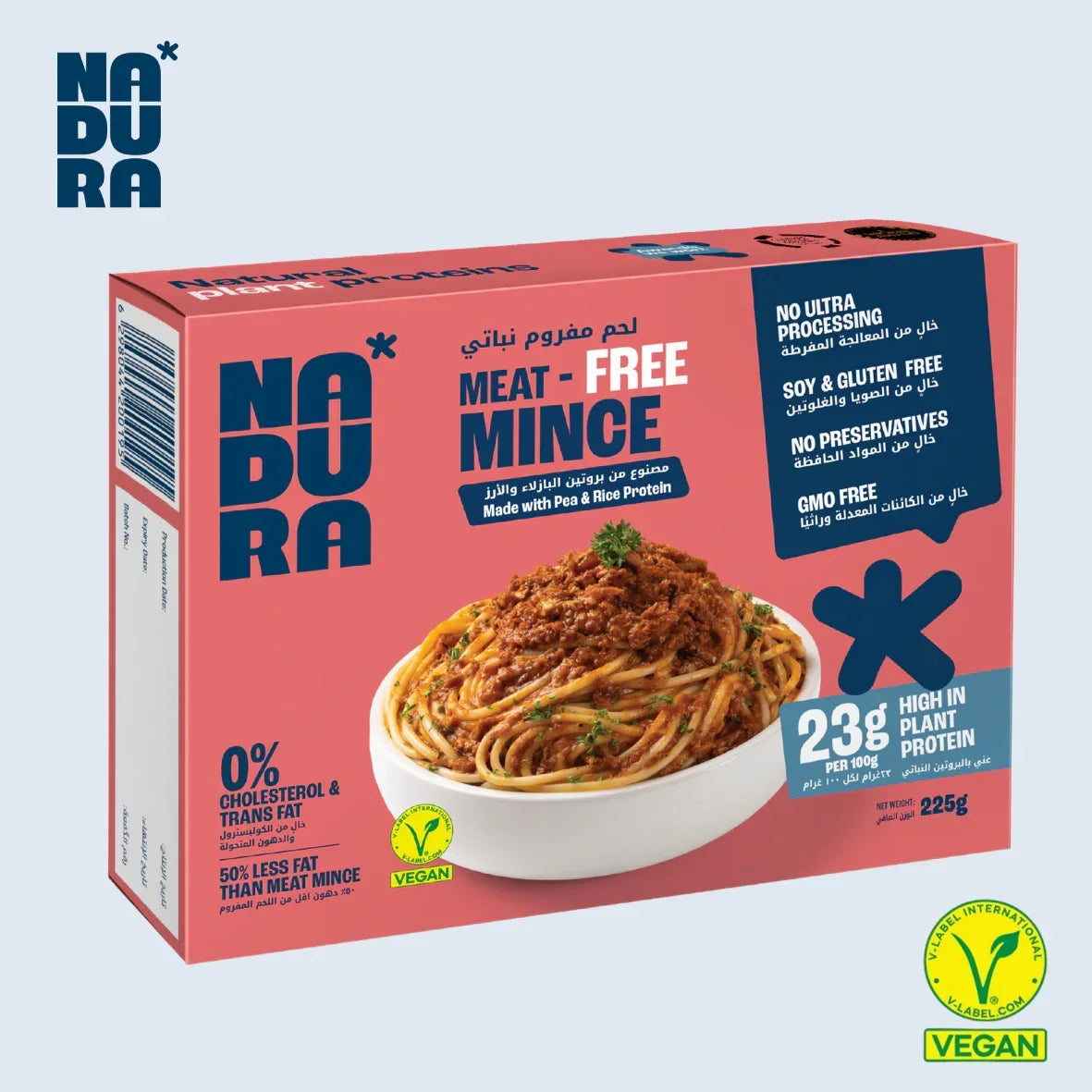 Nadura meat-free mince packaging with vegan label, showing spaghetti topped with plant-based mince, high protein, soy and gluten free, available at iPlantBased UAE.