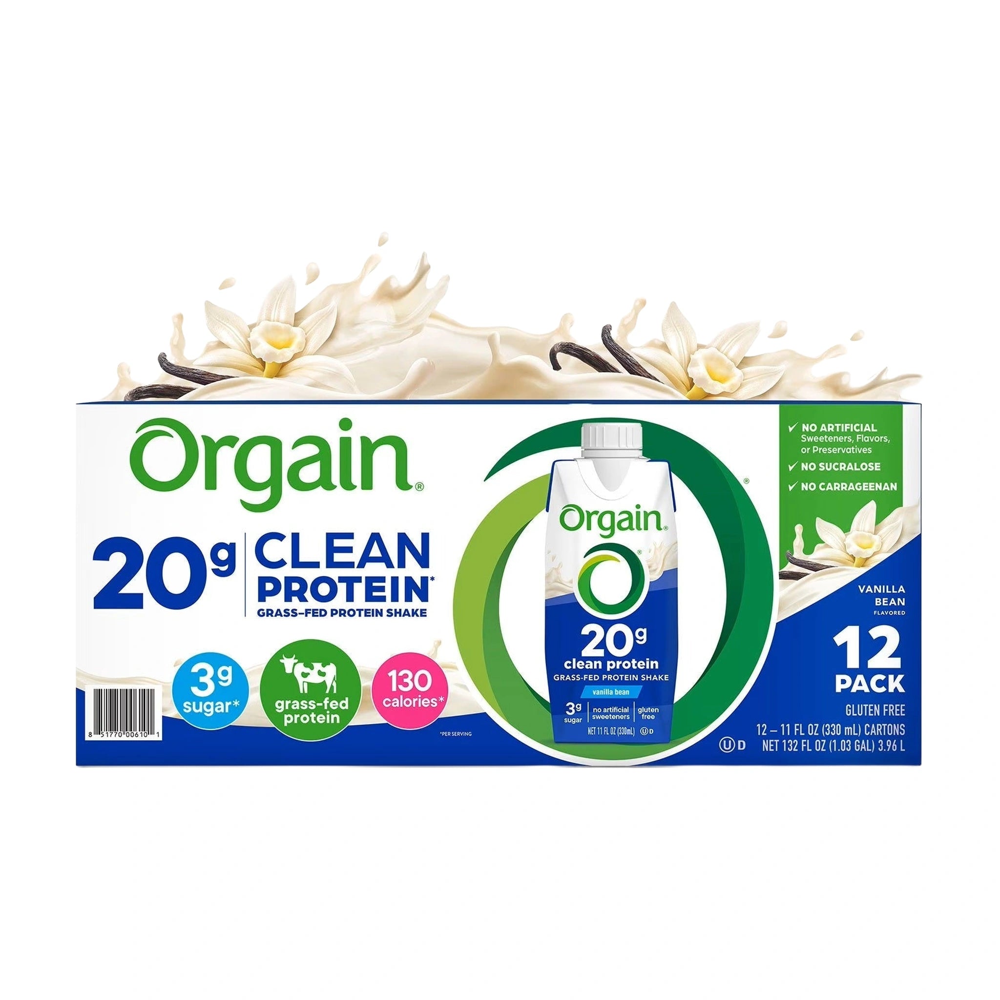 Orgain 20g Clean Protein Grass-Fed Protein Shake, Vanilla Bean 330ml (12 pk)