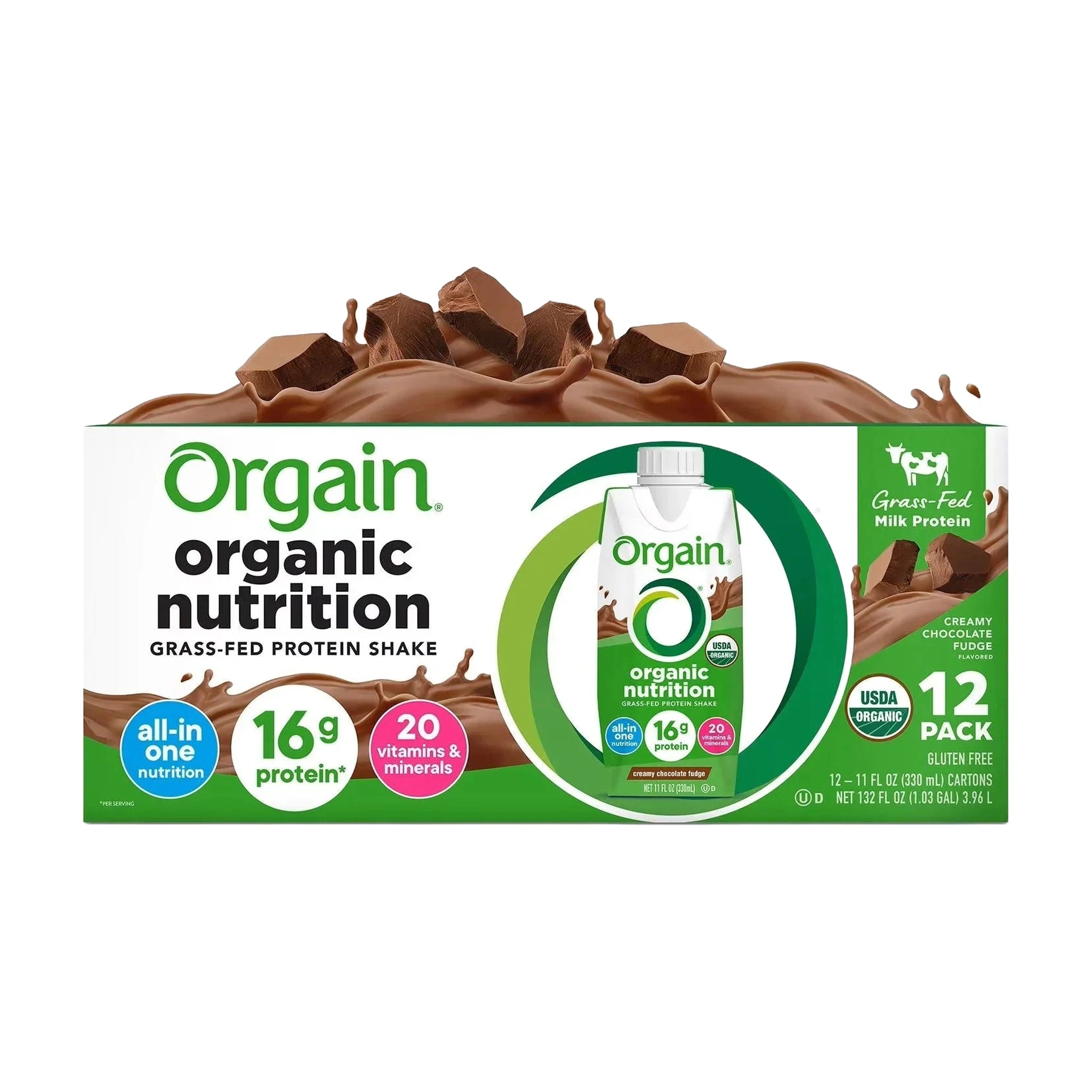 Orgain Organic Nutrition 16g Grass- Fed Protein Shake, Creamy Chocolate Fudge, 330ml (12 pk)