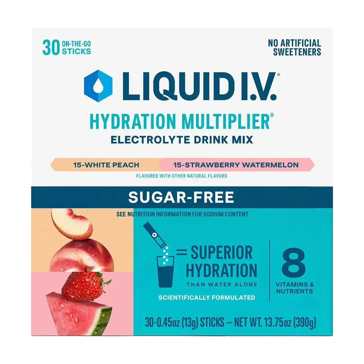 Liquid I.V. Hydration Multiplier Sugar-Free Electrolyte Powder Variety Pack, White Peach and Strawberry Watermelon - 390g (30 pk)