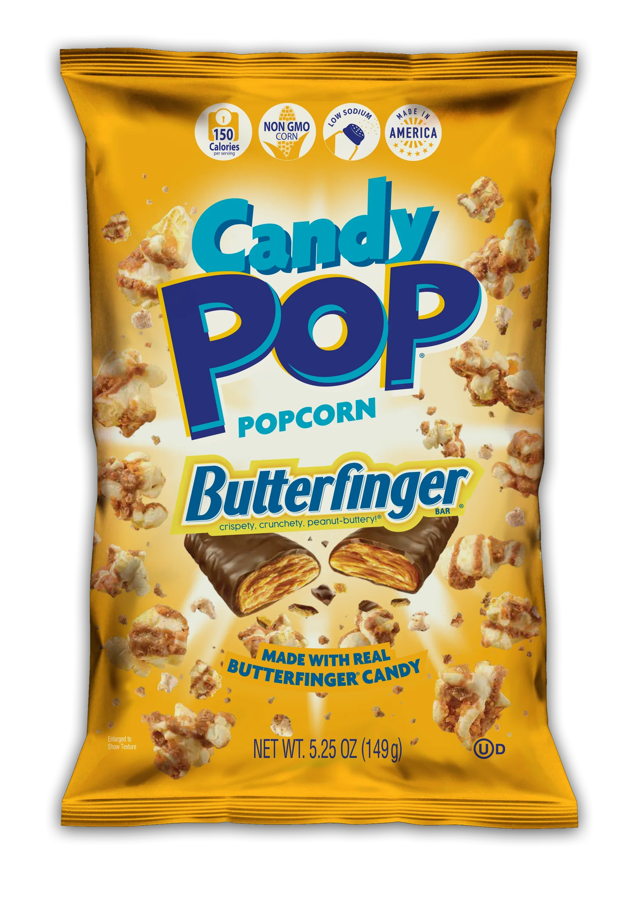 Candy Pop Popcorn Butterfinger, Made with Real Butterfinger Candy, Low Sodium, 150 Cal, Non GMO ,5.25OZ (149g)