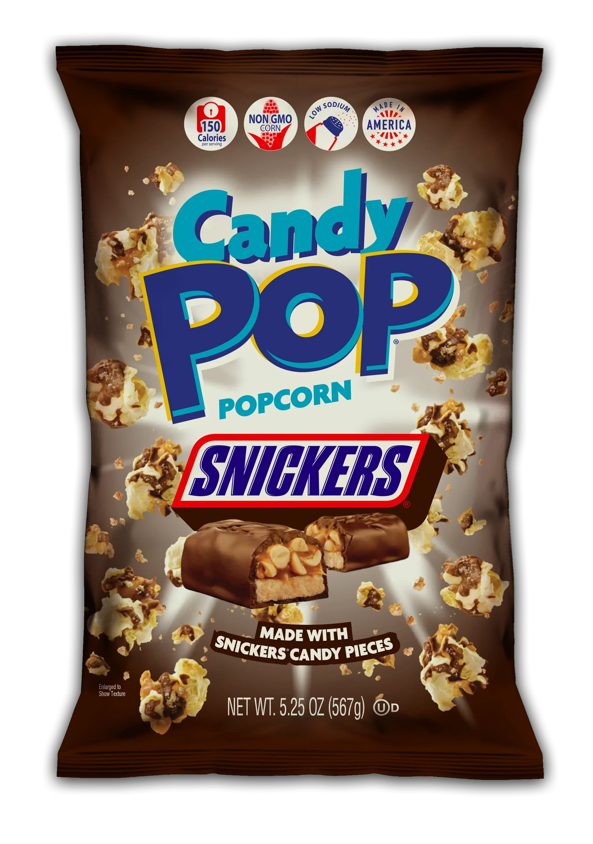 Candy Pop Popcorn Snickers, Made with Snicker Candy, Low Sodium, 150 Cal, Non GMO ,5.25OZ (149g)