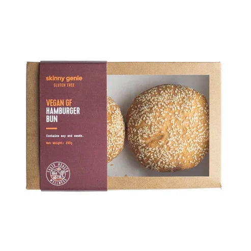 Vegan gluten-free hamburger buns with sesame seeds in eco-friendly packaging from iPlantBased UAE