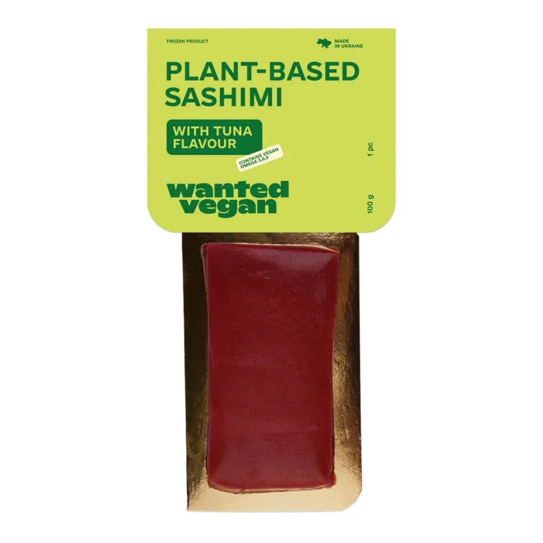 Wanted Vegan plant-based tuna sashimi in green packaging, frozen vegan seafood from iPlantBased UAE