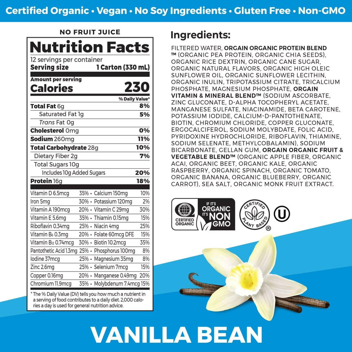 Orgain Organic Nutrition 16g Vegan Plant Based Protein Shake, Vanilla Bean 10ml