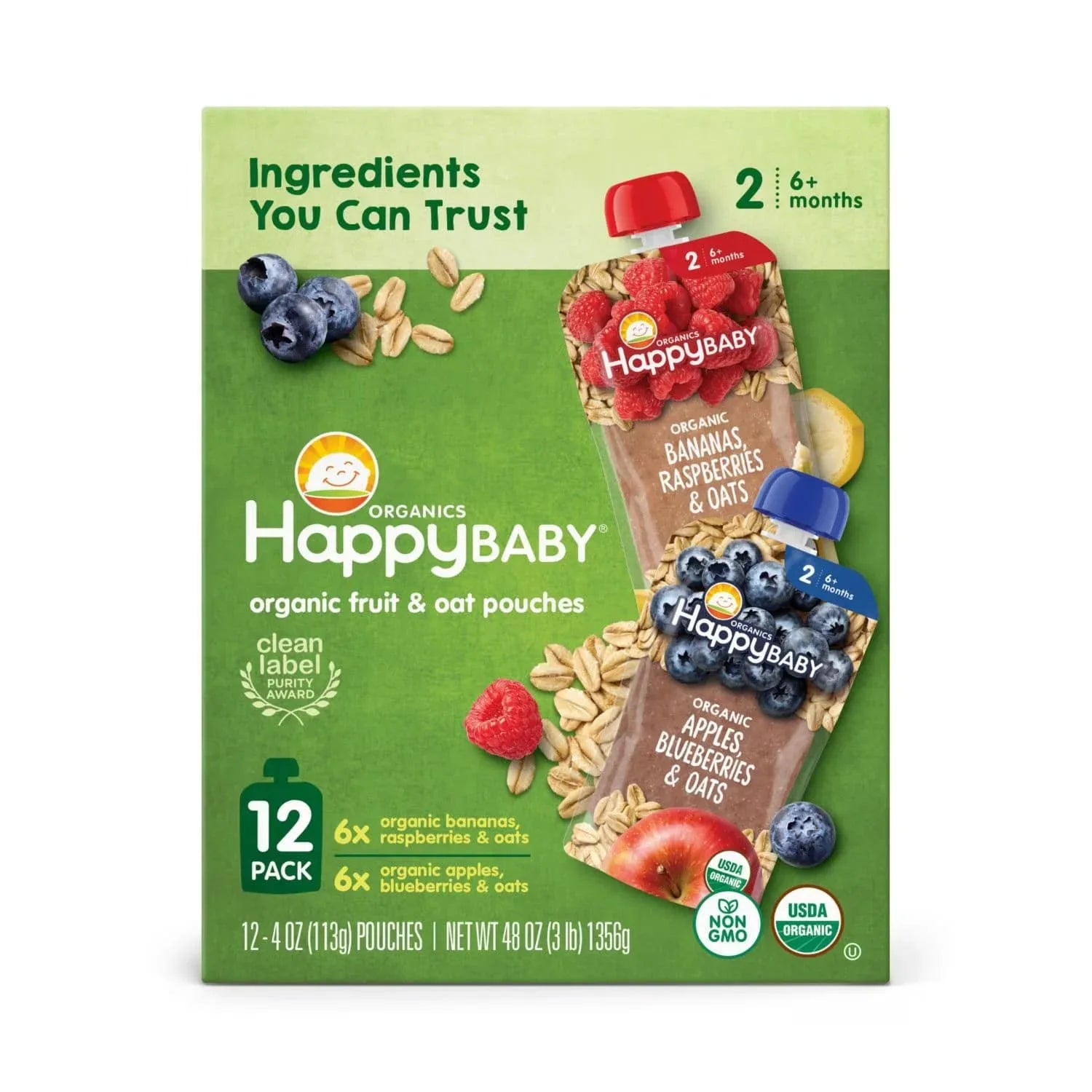 HappyBABY Organics Clearly Crafted Fruit & Oat Pouches Variety Pack, 113g (12pc)