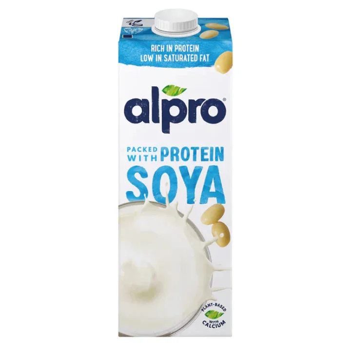 Alpro soya plant-based milk carton, rich in protein, available at iPlantBased UAE