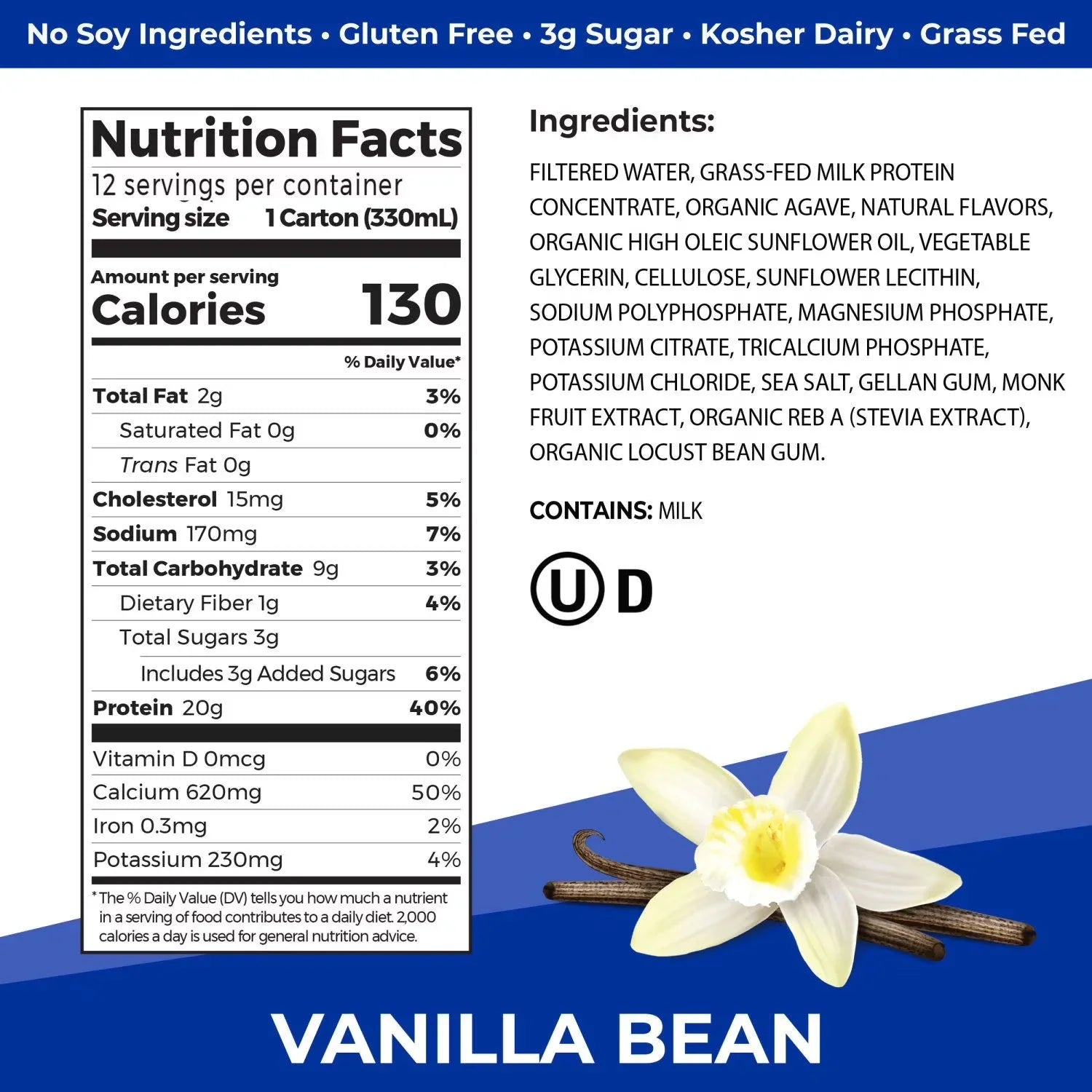 Orgain 20g Clean Protein Grass-Fed Protein Shake, Vanilla Bean 330ml
