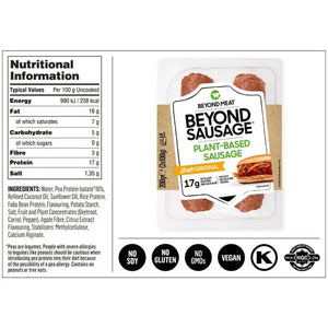 Beyond Meat Beyond Sausage plant-based sausage pack with nutrition facts, vegan, soy-free, gluten-free, UAE