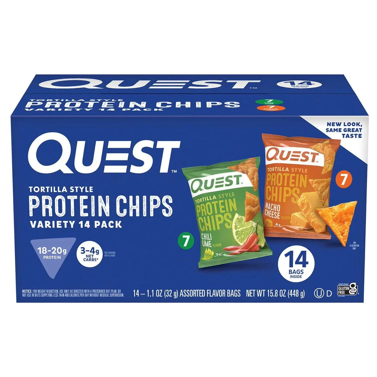 Quest Tortilla Style 18-20g Protein Chip Variety Pack 32g (Chili Lime and Nacho Cheese) 14 Pieces
