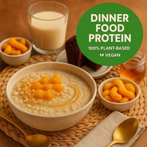 Plant-based dinner with oat porridge, fruit, snacks, and vegan protein from iPlantBased UAE
