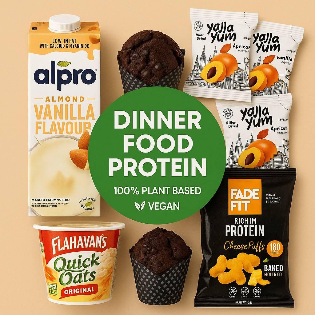 Plant-based protein foods including almond milk, oats, dried fruit, muffin, cheese puffs from iPlantBased UAE