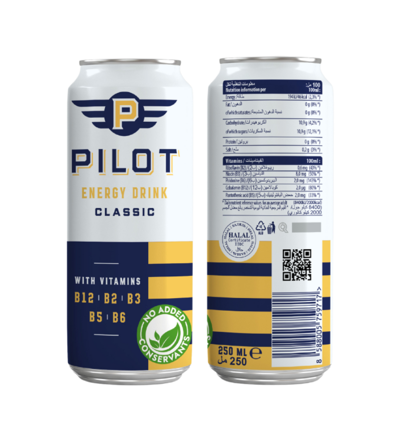 Pilot Classic Energy Drink with Vitamin B12,B2,B3,B5, B6 - (250 ml) Pack of 24