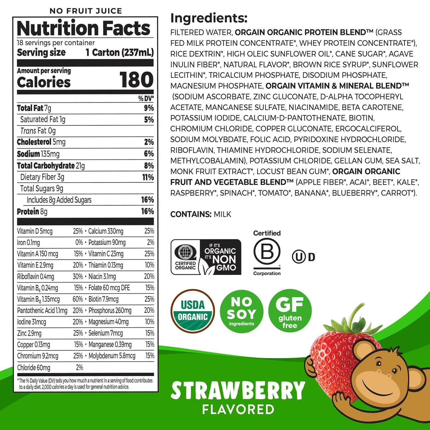 Orgain Kids 8g Protein Organic Nutrition Shake, Strawberry 237ml