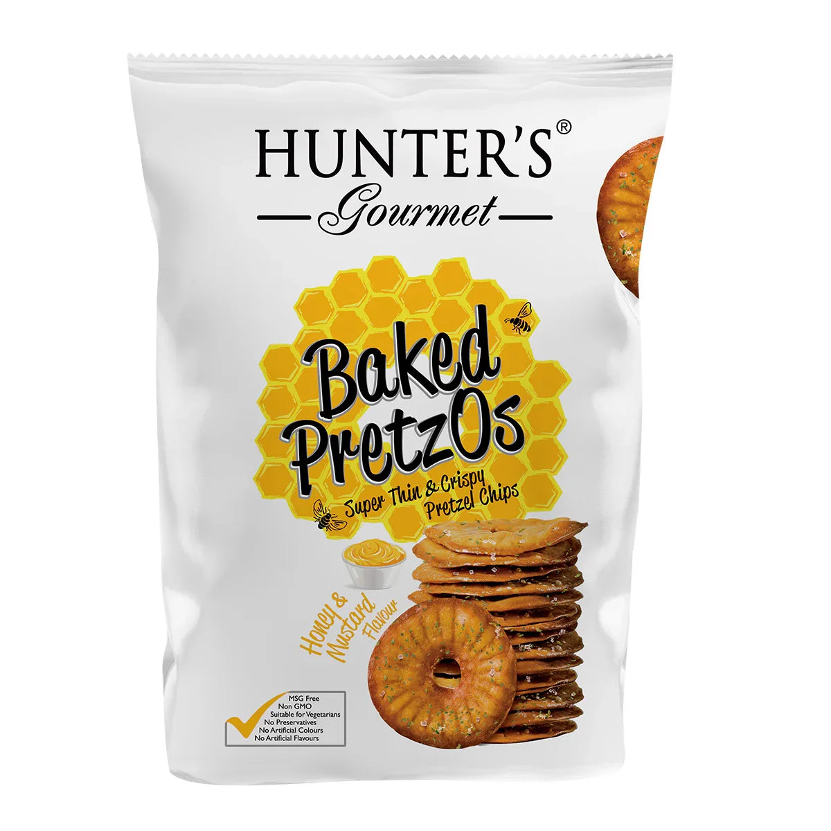 Hunter's Gourmet Baked Pretzos Honey Mustard thin pretzel chips, iPlantBased UAE plant-based snack