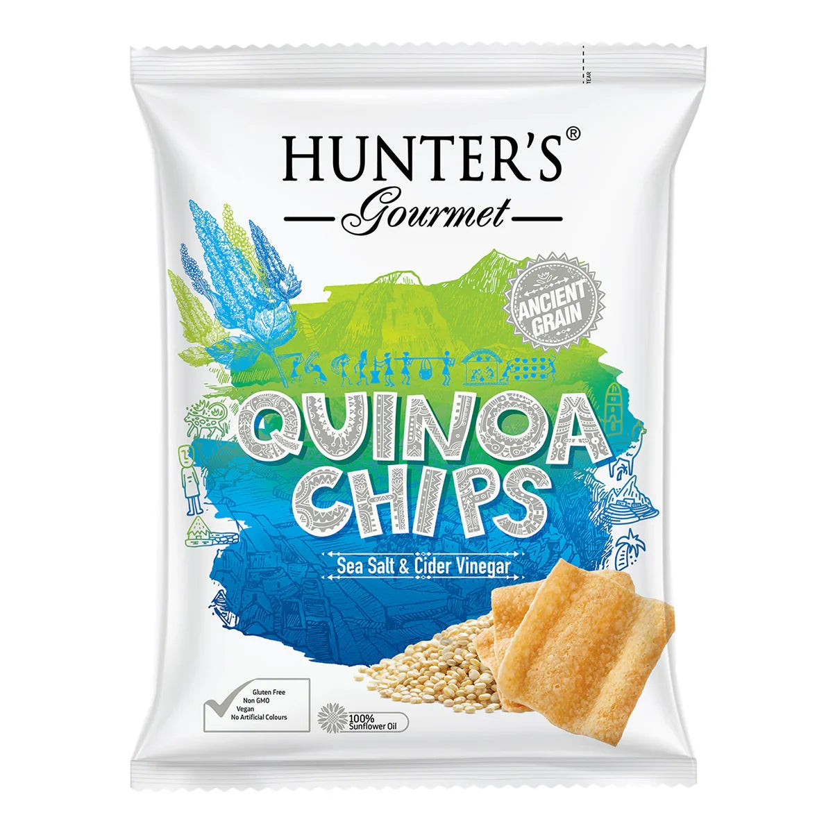 Hunter's Gourmet Quinoa Chips Sea Salt & Cider Vinegar vegan snack pack with chips and grains