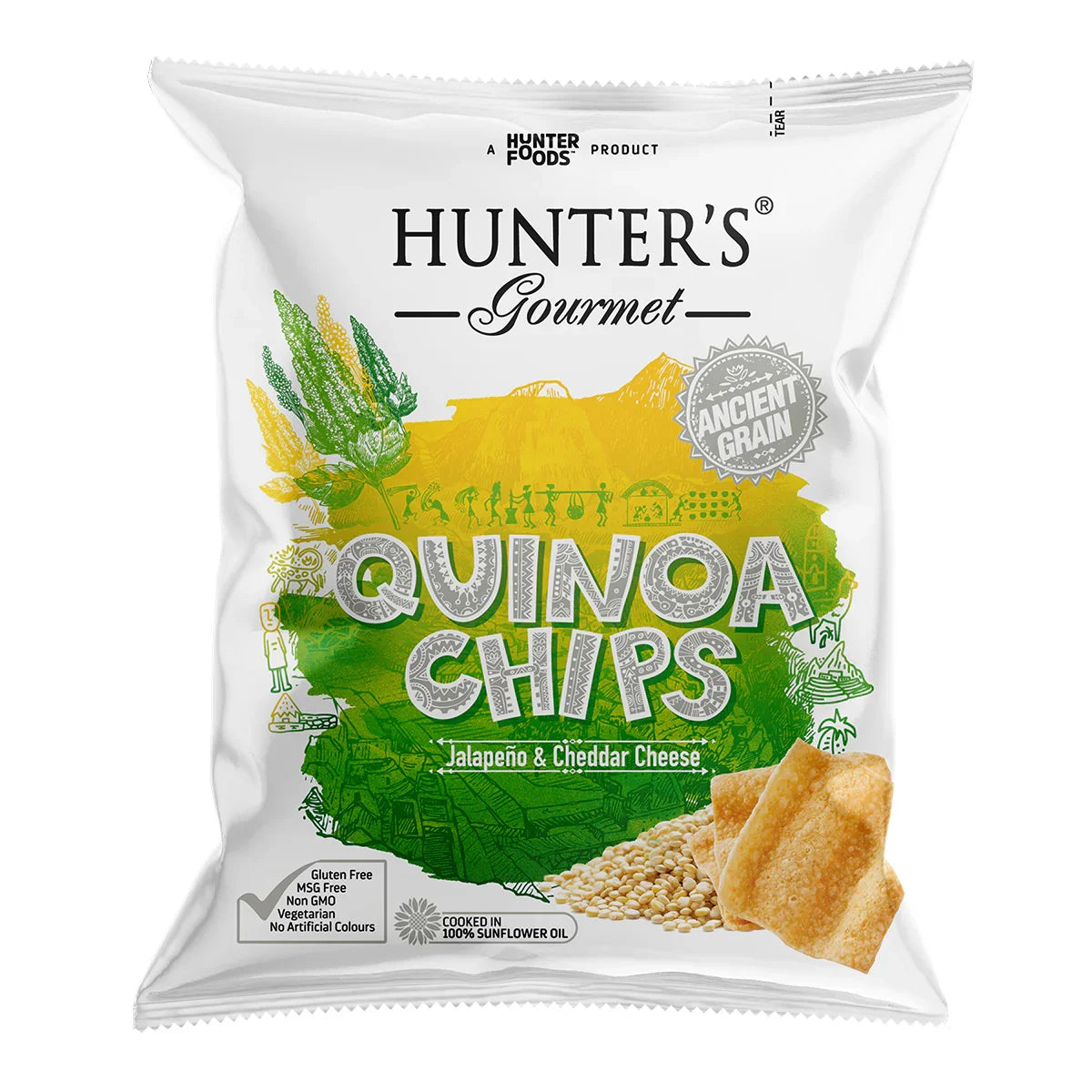 Hunter's Gourmet Quinoa Chips Jalapeño & Cheddar Cheese gluten free snack pack, iPlantBased UAE