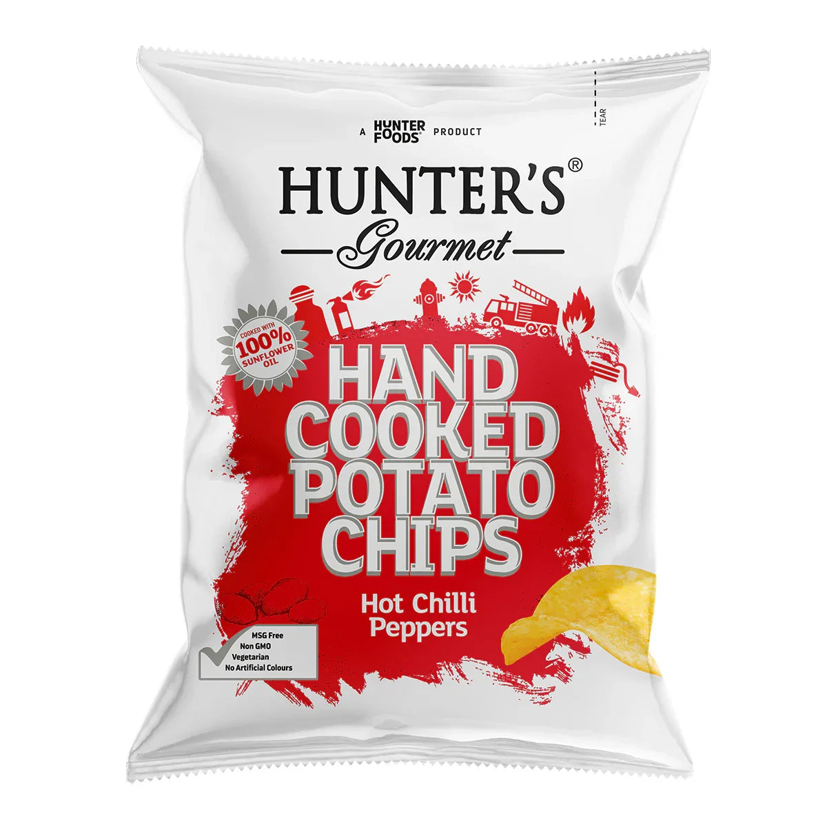 Hunter's Gourmet hand cooked potato chips Hot Chilli Peppers flavor, vegetarian snack bag