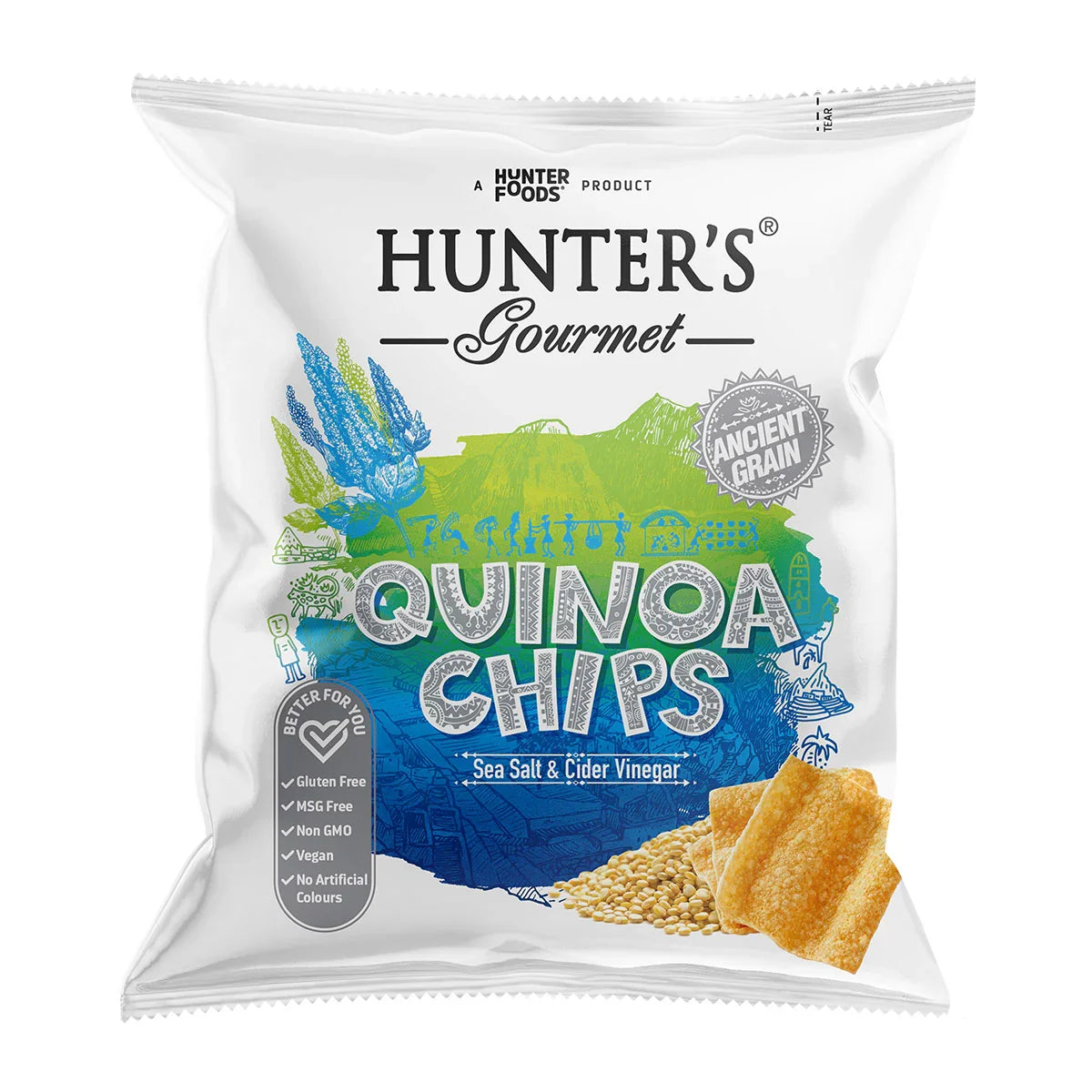 Hunter’s Gourmet Quinoa Chips Sea Salt & Cider Vinegar vegan snack pack, iPlantBased UAE
