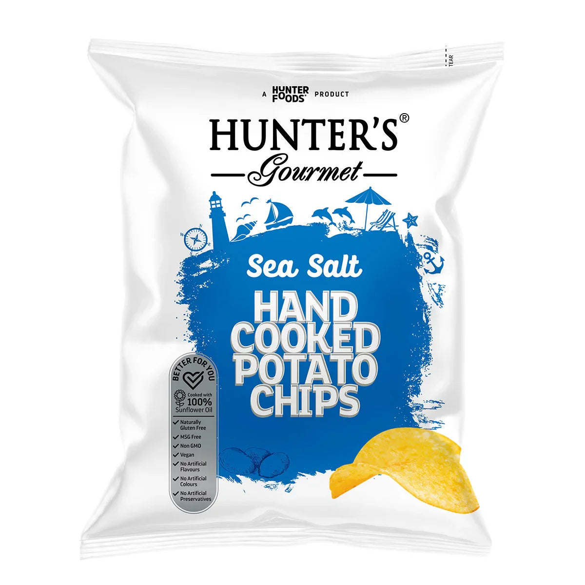 Hunter’s Gourmet Sea Salt Hand Cooked Potato Chips bag, plant-based snack, iPlantBased UAE