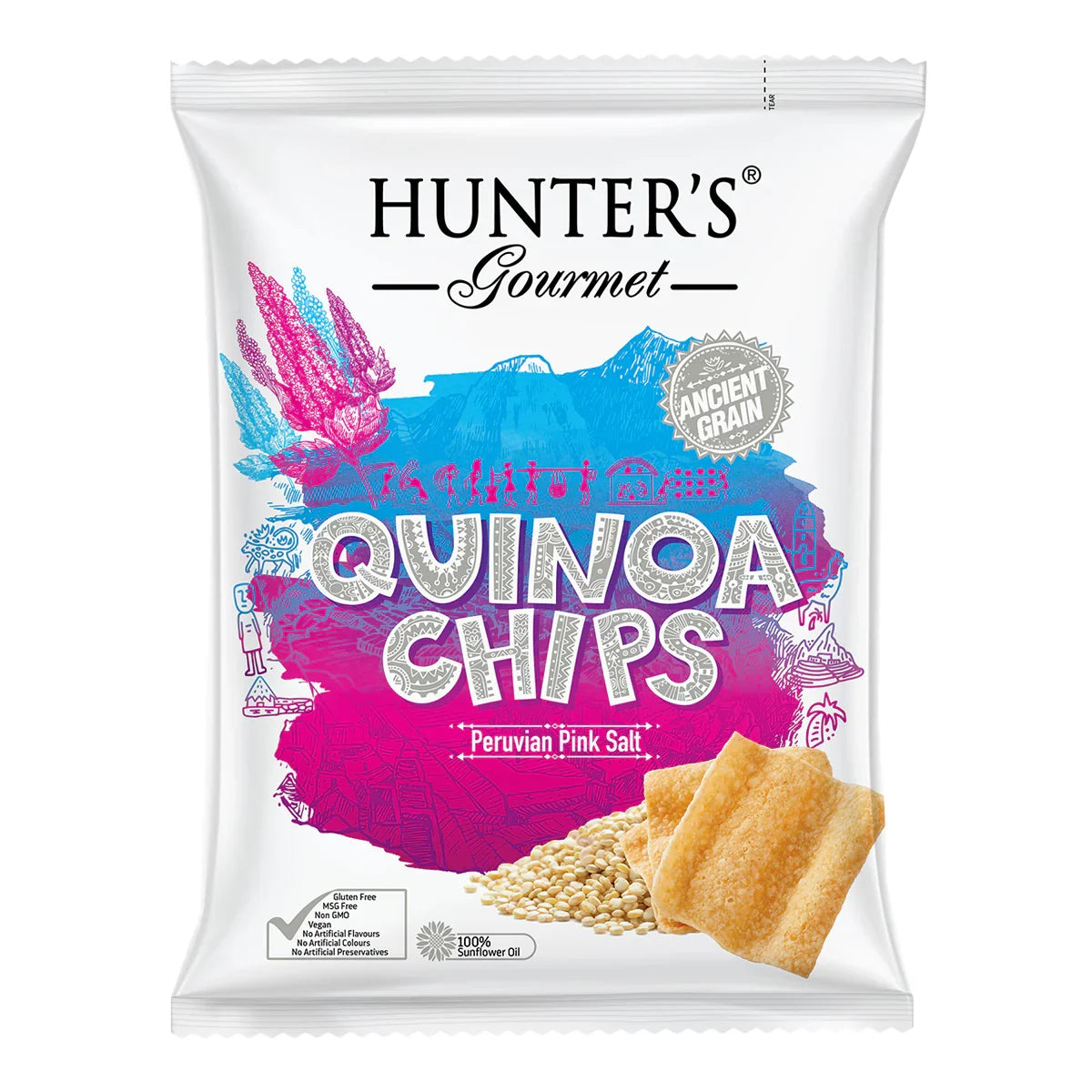 Hunter's Gourmet Quinoa Chips Peruvian Pink Salt vegan snack bag, iPlantBased UAE product