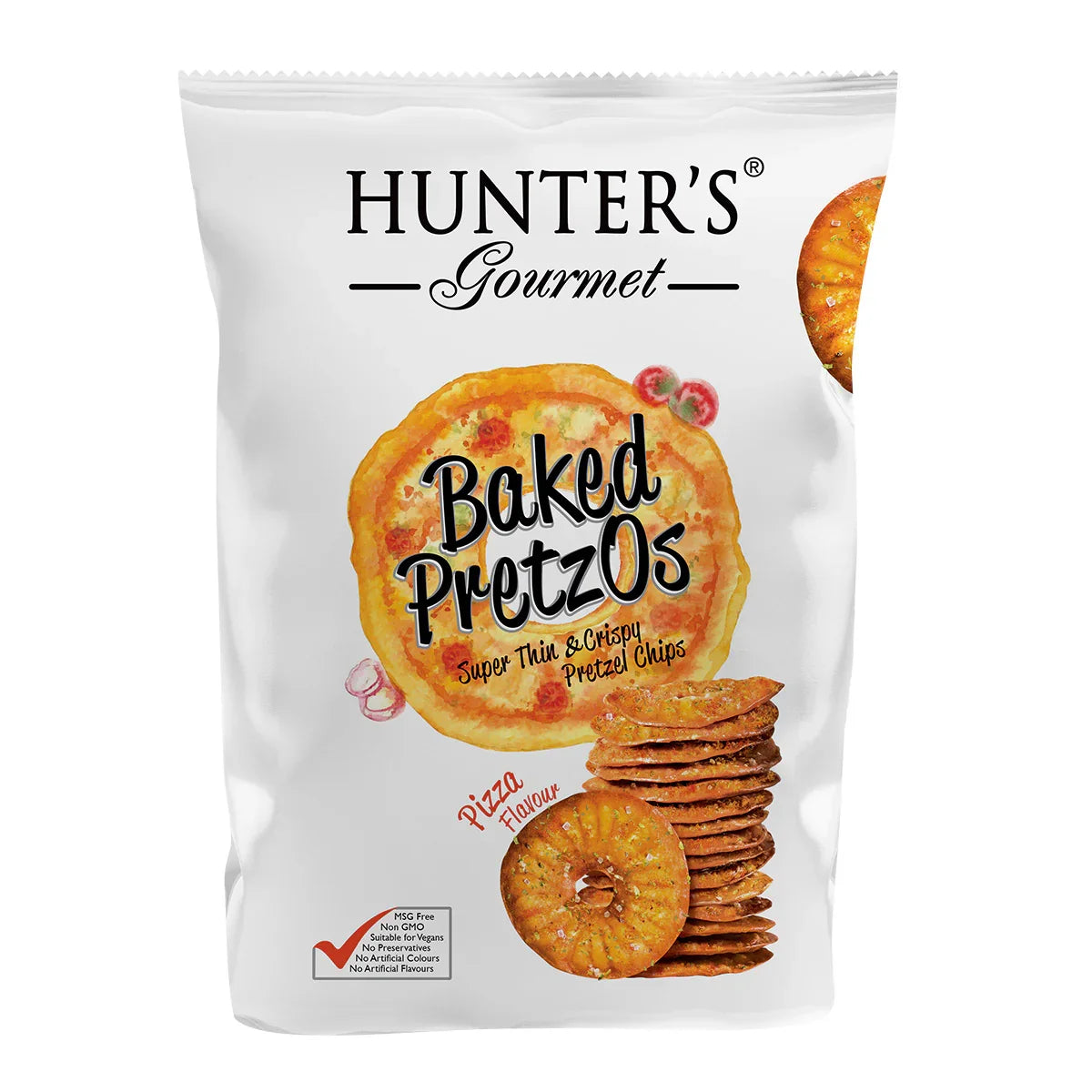Hunter's Gourmet Baked PretzOs pizza flavour plant-based pretzel chips snack pack