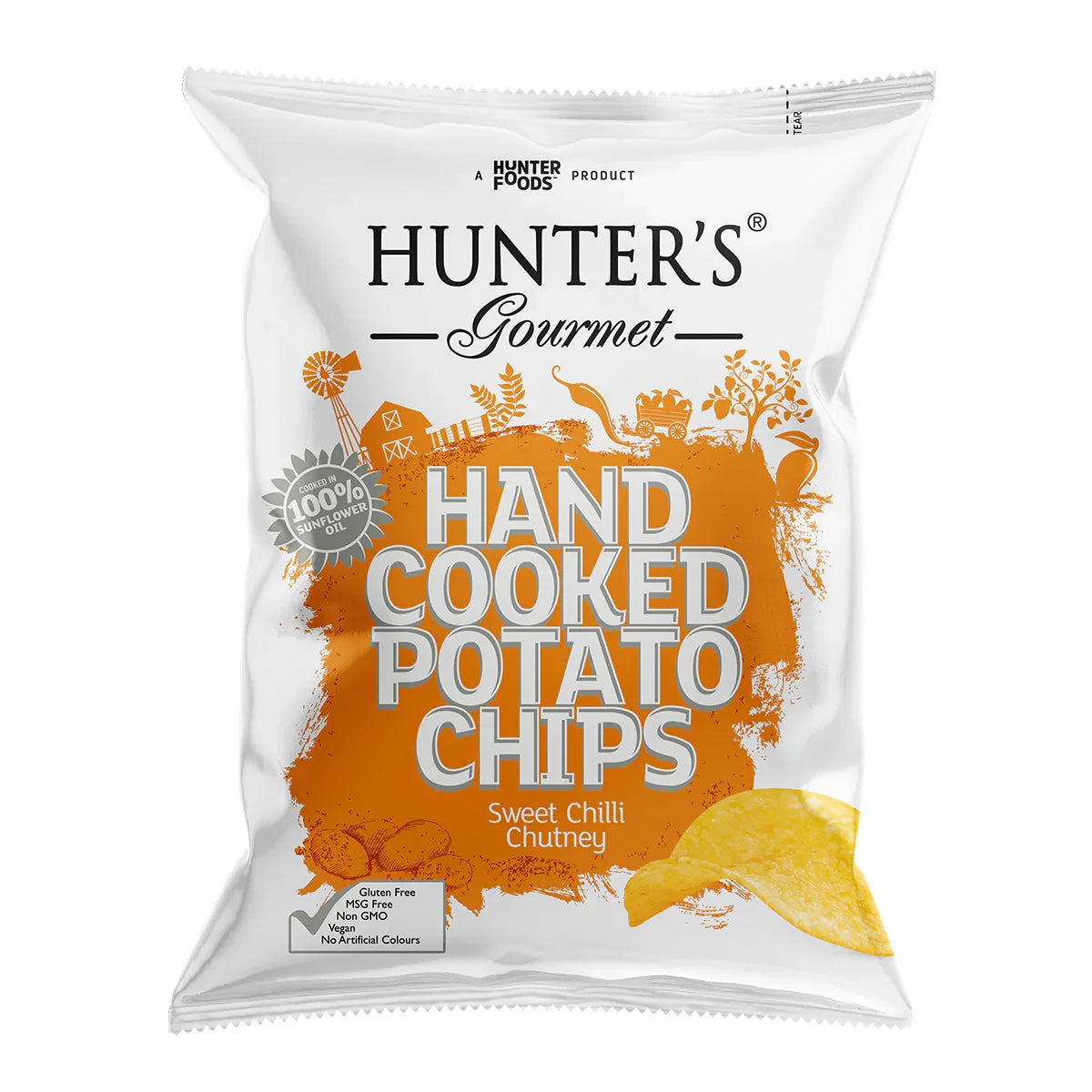 Hunter's Gourmet hand cooked potato chips Sweet Chilli Chutney vegan snack bag