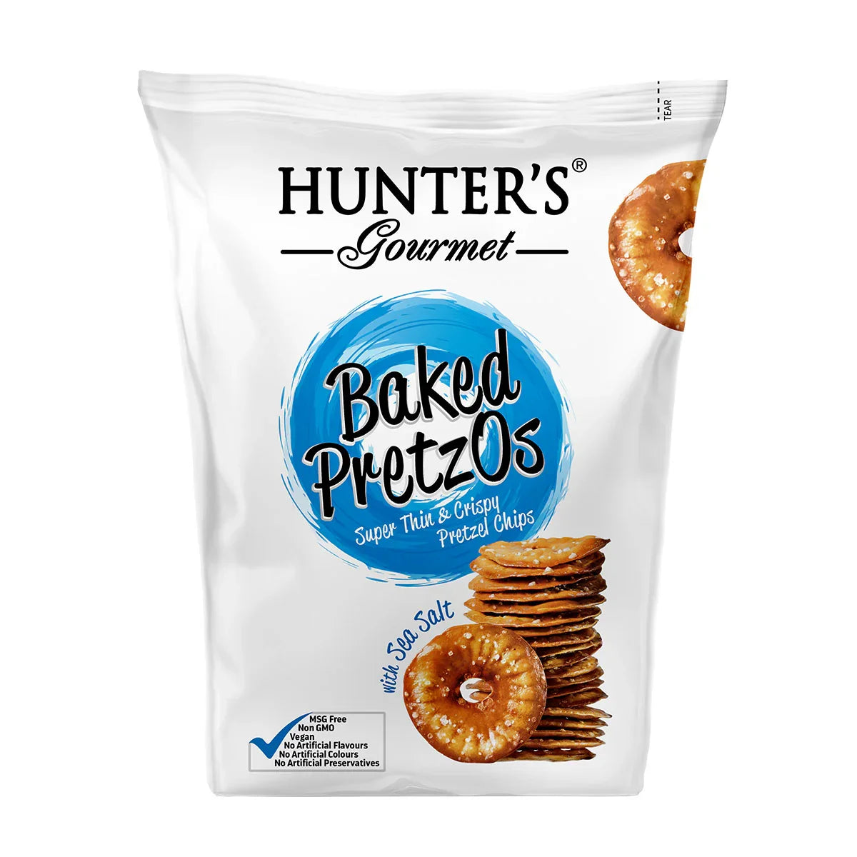 Hunter’s Gourmet Baked PretzOs Sea Salt 180g vegan snack chips on white pack, iPlantBased UAE
