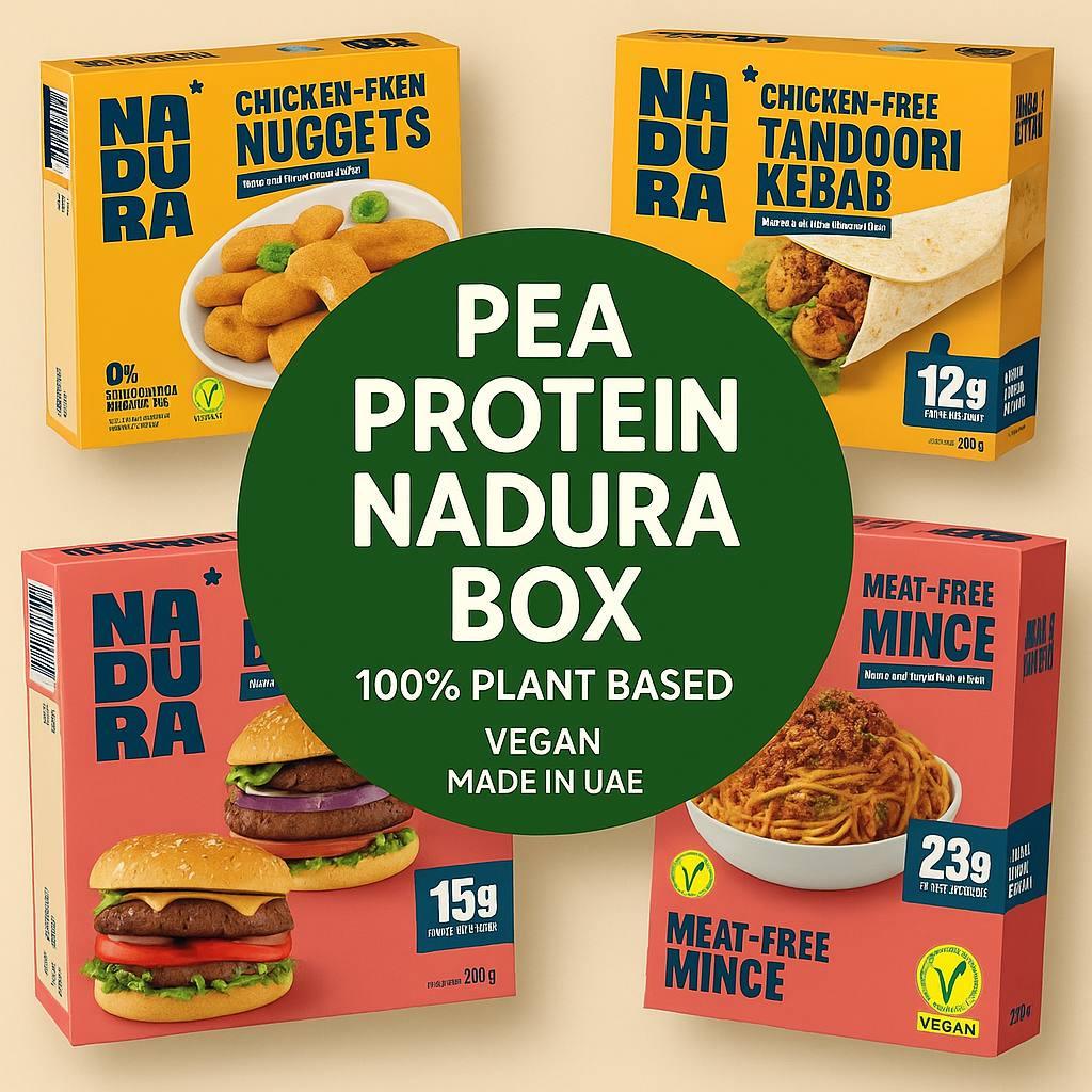 Nadura plant-based food box assortment with vegan nuggets, kebab, burgers, and mince, UAE