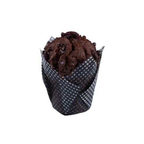 Raspberry dark Belgian chocolate muffin in patterned wrapper, plant-based, iPlantBased UAE