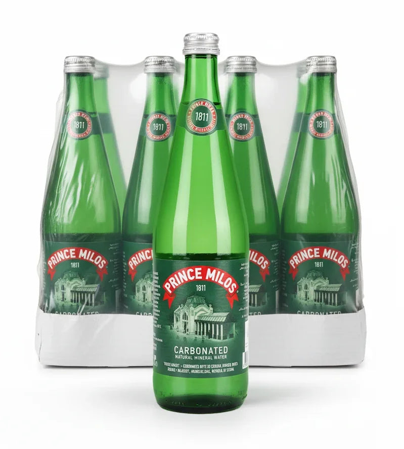 Prince Milos Natural Sparkling Mineral Water Glass Bottle 750 ml x 12