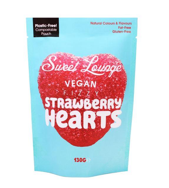 Sweet Lounge Vegan Fizzy Strawberry Hearts Pouch 130g | Welaza